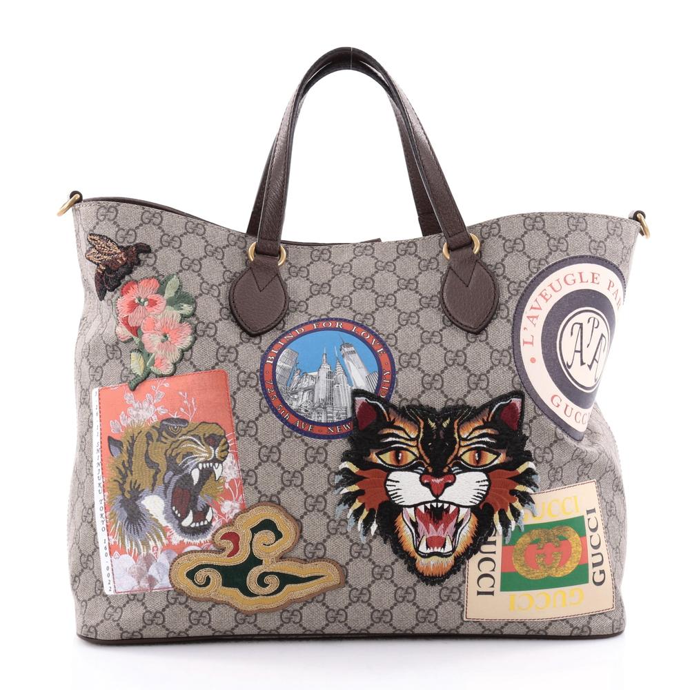 Pre-owned Gucci  Convertible Tote Monogram Gg Embroidered Medium Taupe/brown/orange/green