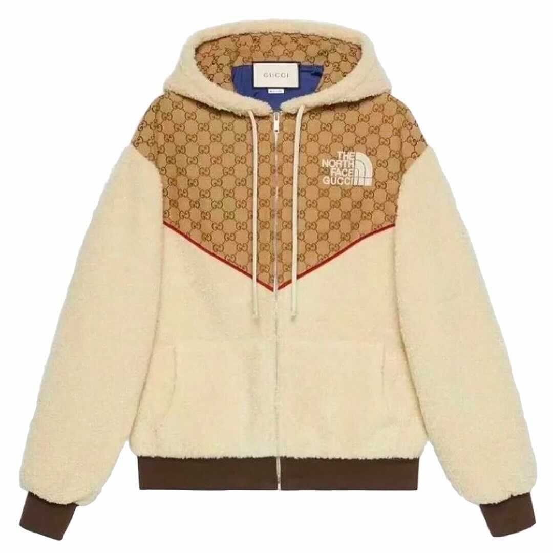 Pre-owned Gucci  X The North Face Gg Canvas Shearling Jacket Beige